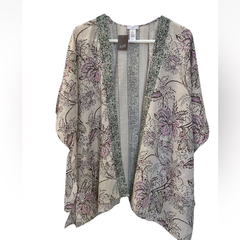 NWT J.Jill Floral Open Front Kimono w/ Tassels L Boho Botanical Cover Up Fairy